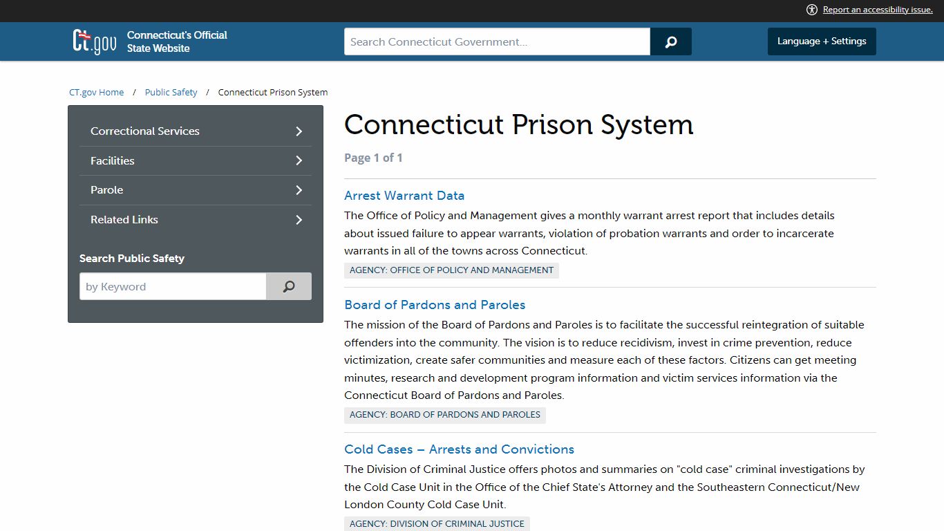CT.gov: Connecticut Prison System